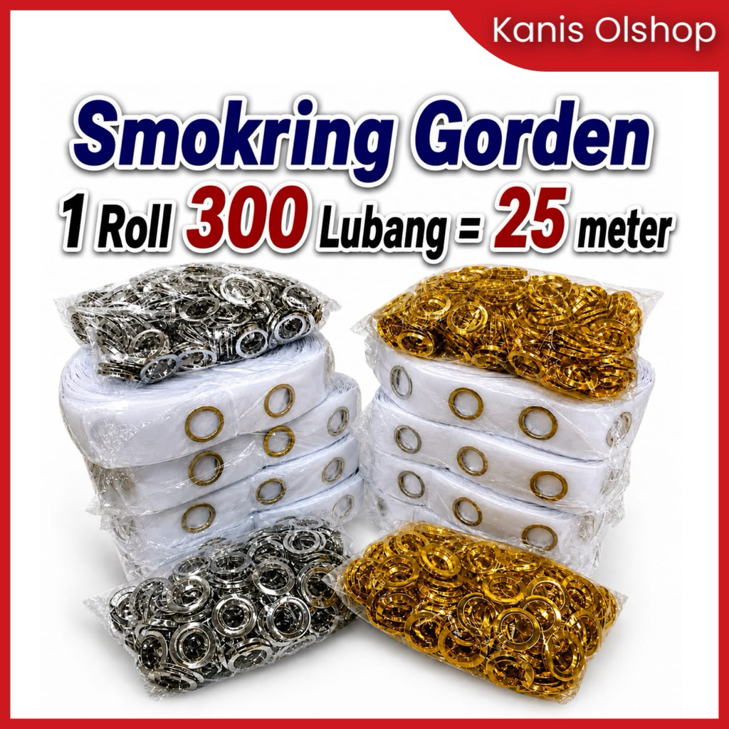Smokring Gorden 1 Roll 300 Lubang 25 Meter Pita Ring 25 Meter 9 Lubang Gold Silver Coklat