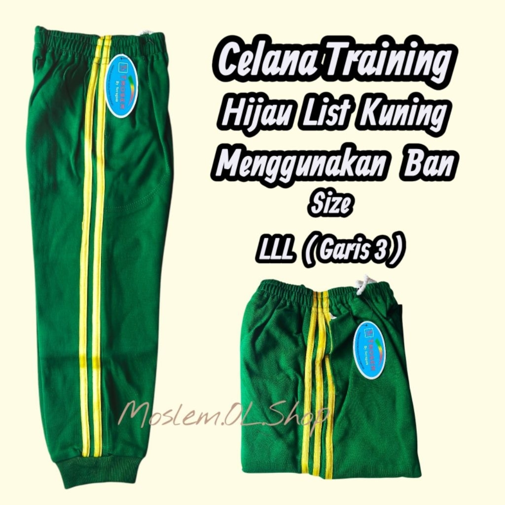 Celana Training Hijau List Kuning Pakai Ban | Garis 2 dan  Garis 3 | SD | SMP | SMA | Merk Troser