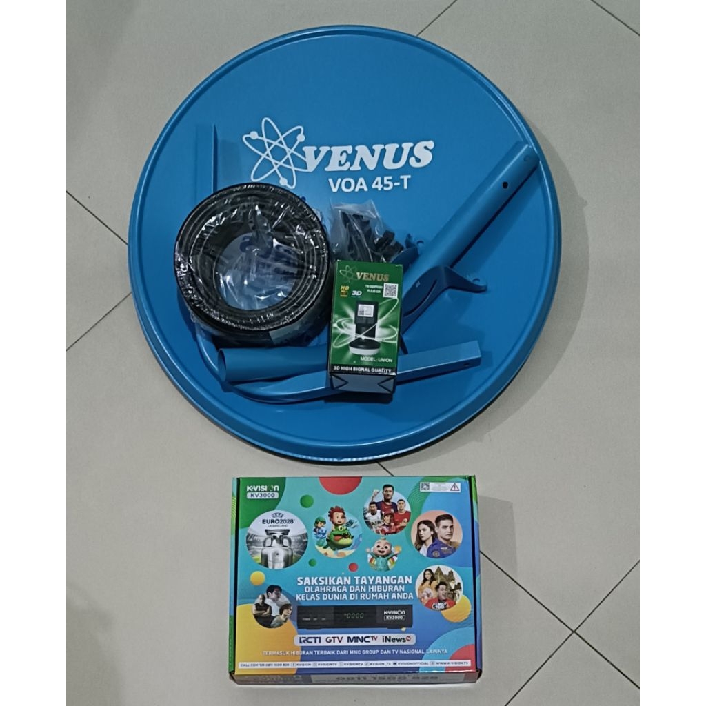 antena parabola mini 45cm BIRU Lengkap+kabel+ lnbf+ Receiver k-vision KV 3000