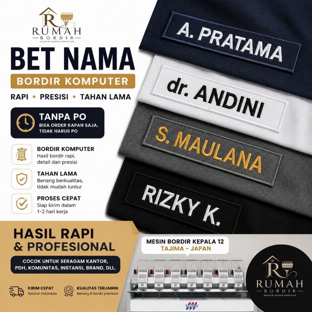 Bet Nama Dada Bordir Komputer Custom Nama PDH PDL Seragam Kerja Sekolah Instansi Komunitas Organisas