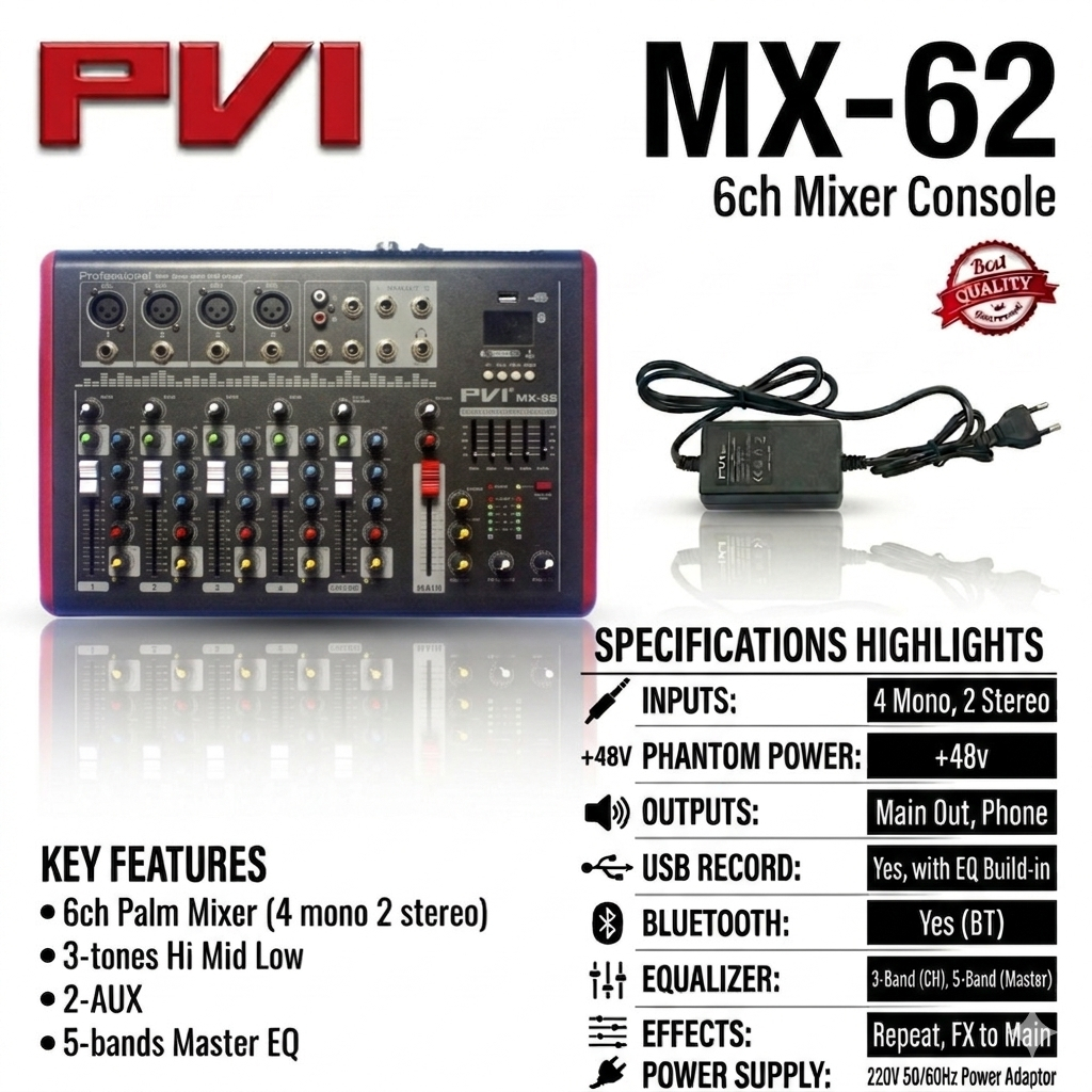 PVI MX-62 Mixer Console dengan USB,  EQ dan Bluetooth