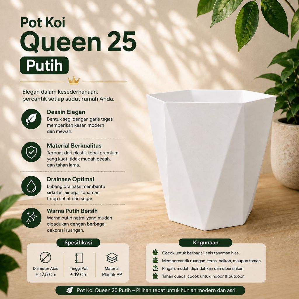 Pot Bunga Tanaman Tinggi Koi Queen Diamond 25 Bahan Tebal - QUEEN 25 PUTIH