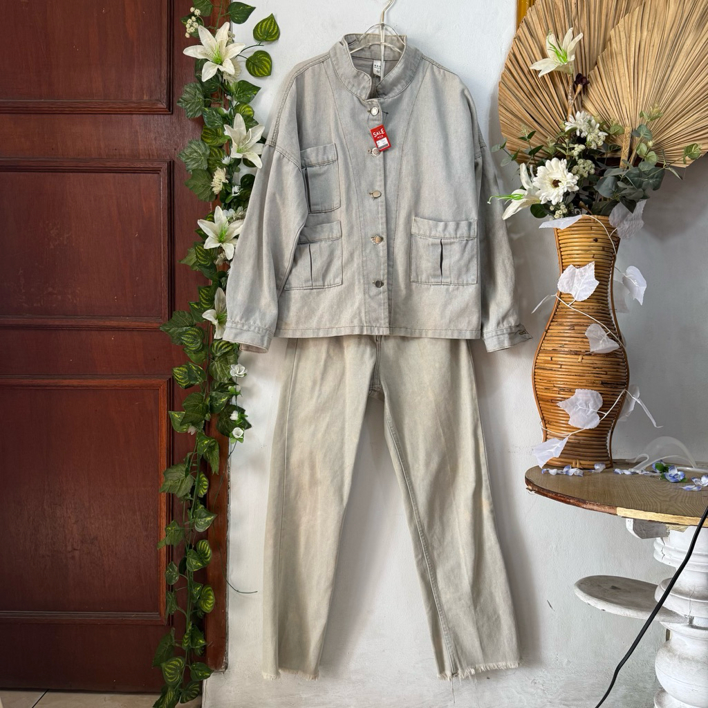 Set Outer celana Panjang Jeans abu