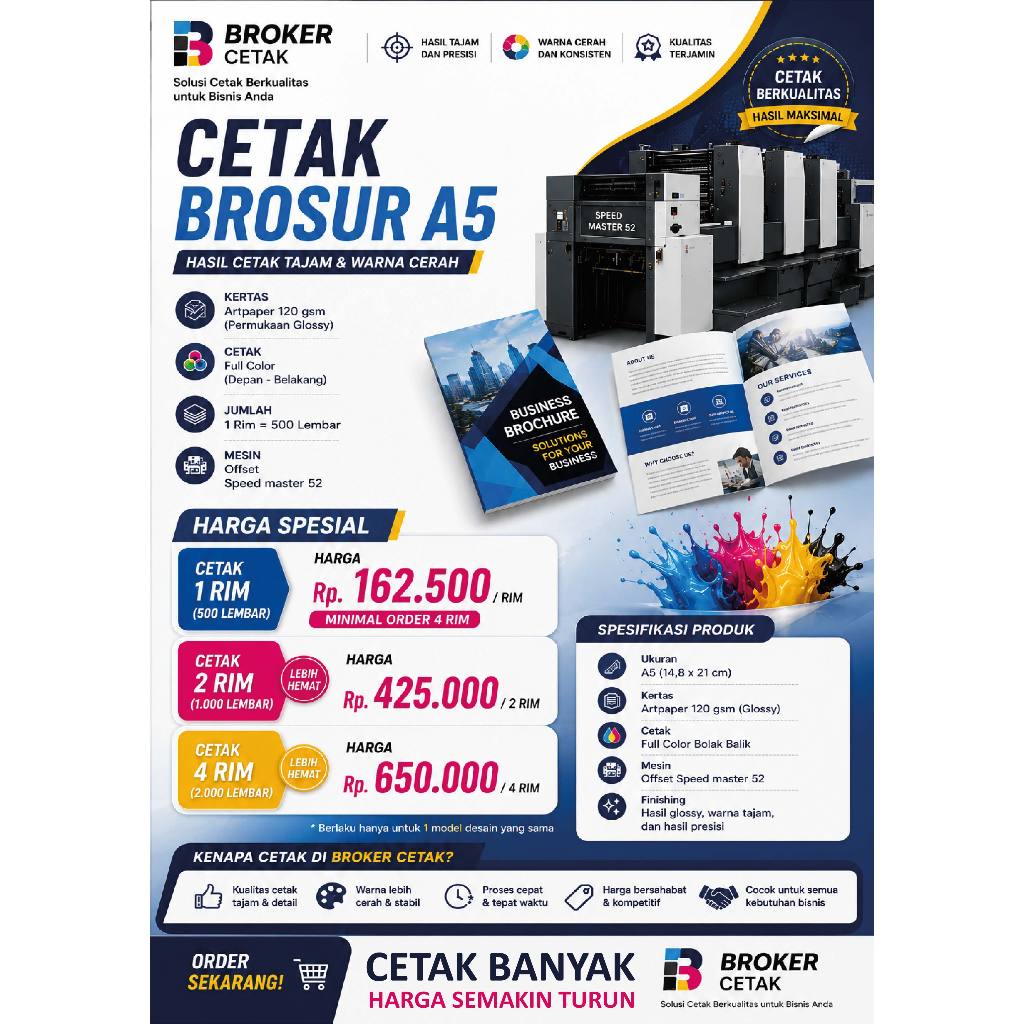 Cetak Brosur A5 Artpaper 120 gsm Glossy Full Color Bolak Balik, Cetak OFFSET (Min 4 Rim)