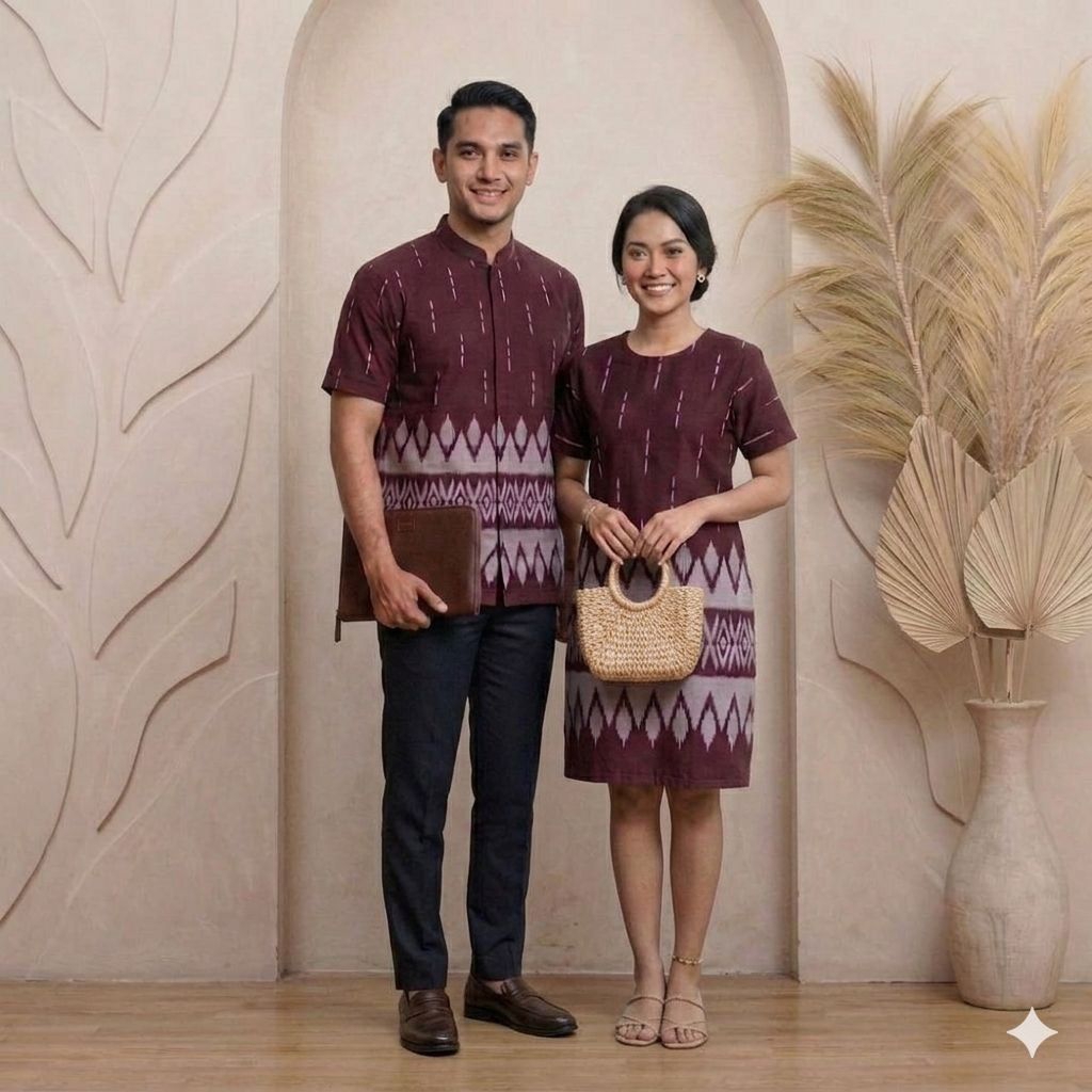 Couple dress batik lengan pendek motif tenun mahogani ready jumbo