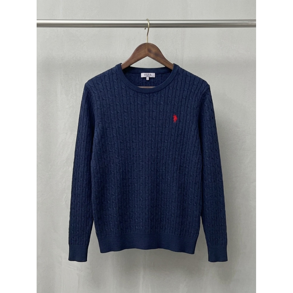 Sweater US Polo Assn USPA Cableknit Rajut Full Kepang Navy