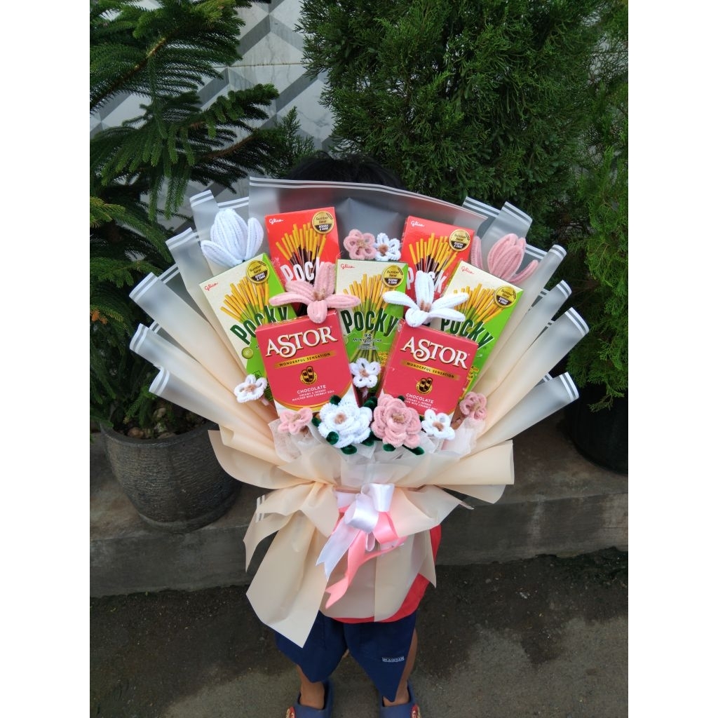BUKET SNACK POCKY POCKY 7 PCS + BUNGA KAWAT BULU | BUKET WISUDA | BUJET GRADUATION | BUKET HADIAH UL