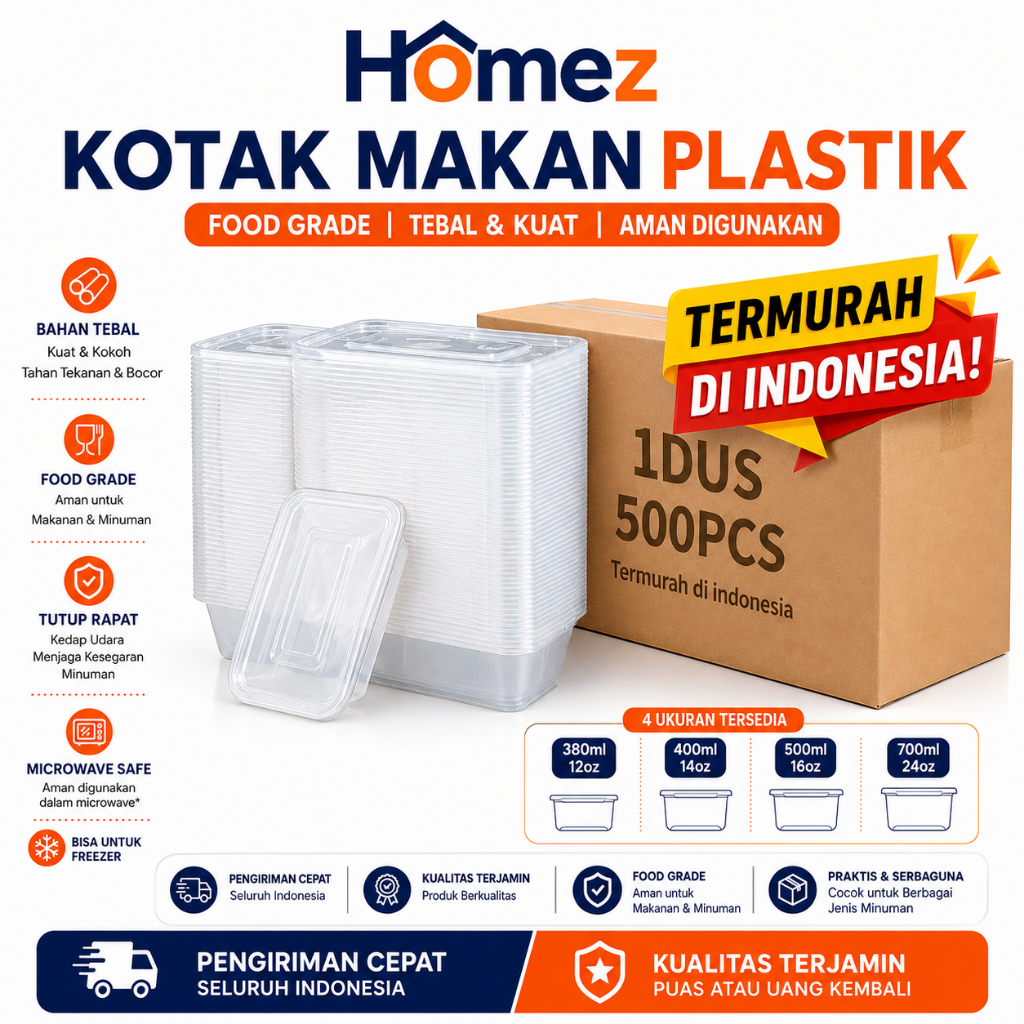 500Pcs Thinwall Rectangle Food Container Box Clear Tempat Makan Plastik Bening Kotak Makan Plastik