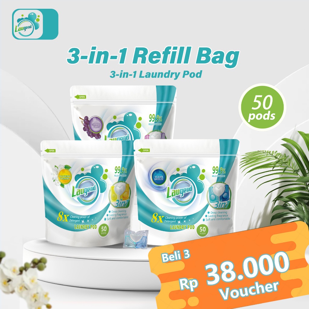 Laugend 3-in-1 Laundry Pod, 50 PCS Refill Bag, 8x Kekuatan, Anti Bakteri, Sterilisasi, Softener, Sab