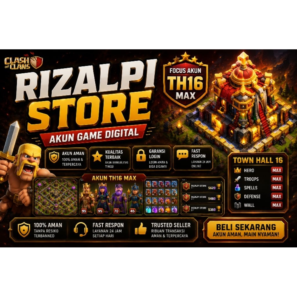 JUAL AKUN GAME CLASH OF CLANS TH 16 SEMI DAN MAX TERMURAH
