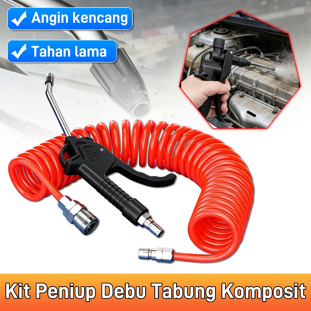 Kit Peniup Debu Kompresor Angin Selang Spiral PU Anti Bocor Pistol Angin Peniup Debu + Selang Kompre