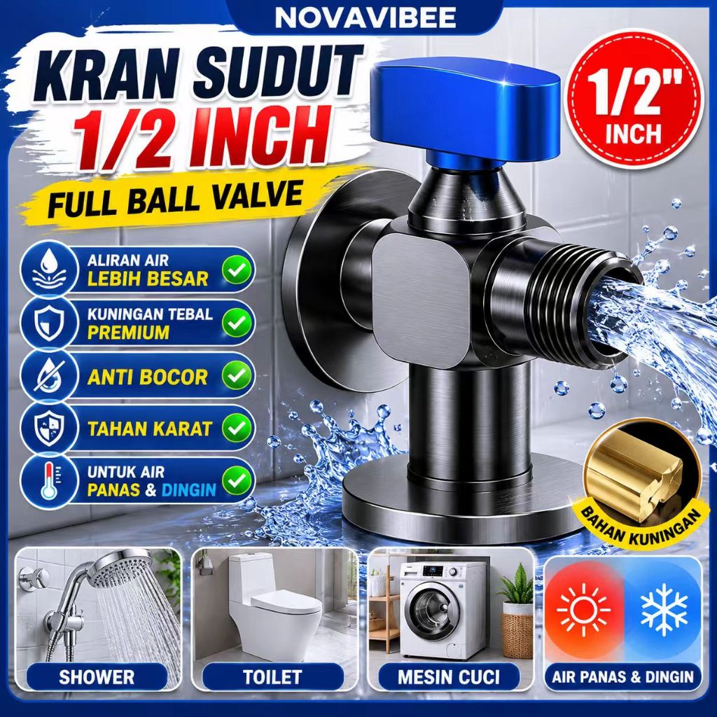 Kran Sudut 1/2 Inch Kuningan Full Ball Valve Aliran Besar Anti Bocor Untuk Shower Toilet Mesin Cuci 
