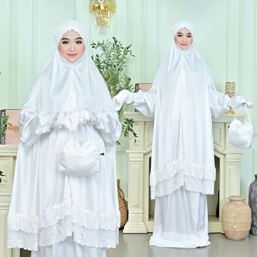 Biyai - Khadijah Mukena Syar'i Warna Putih Tulang Luxury Renda Berlengan & Penutup di Dagu Anti UV H