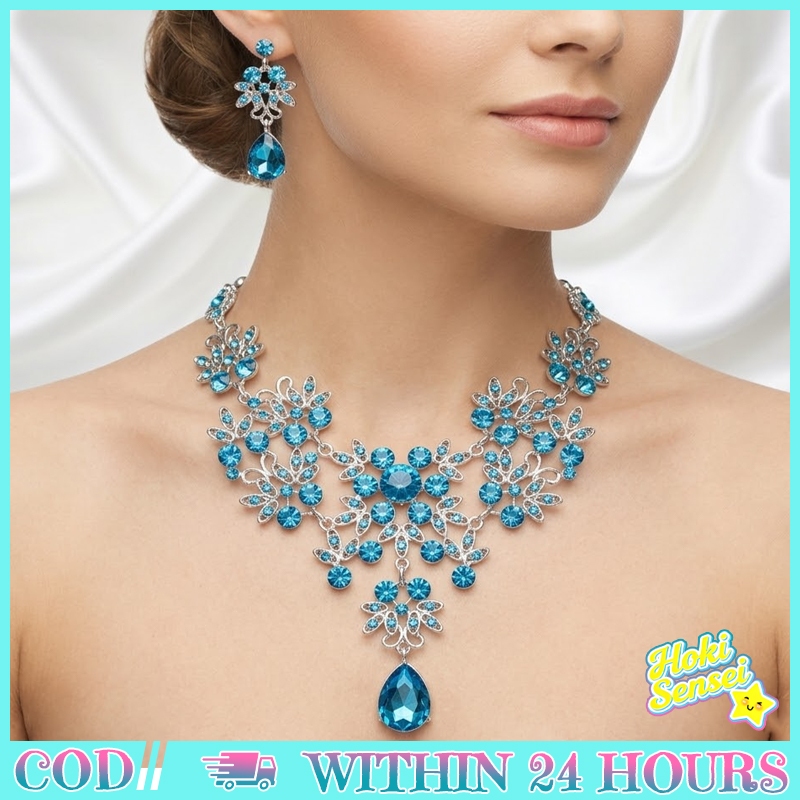 Set Kalung Anting Pengantin Biru Ungu Putih Aksesoris Bridal Pesta Pernikahan Elegan Cantik