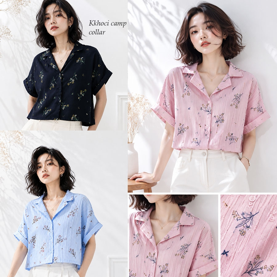 Kkochi Camp Collar Waist Top Baju Atasan Blouse Wanita