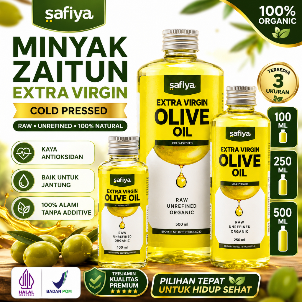 Safiya Extra Virgin Olive Oil EVOO Minyak Zaitun Cold Pressed Raw Unrefined Halal BPOM