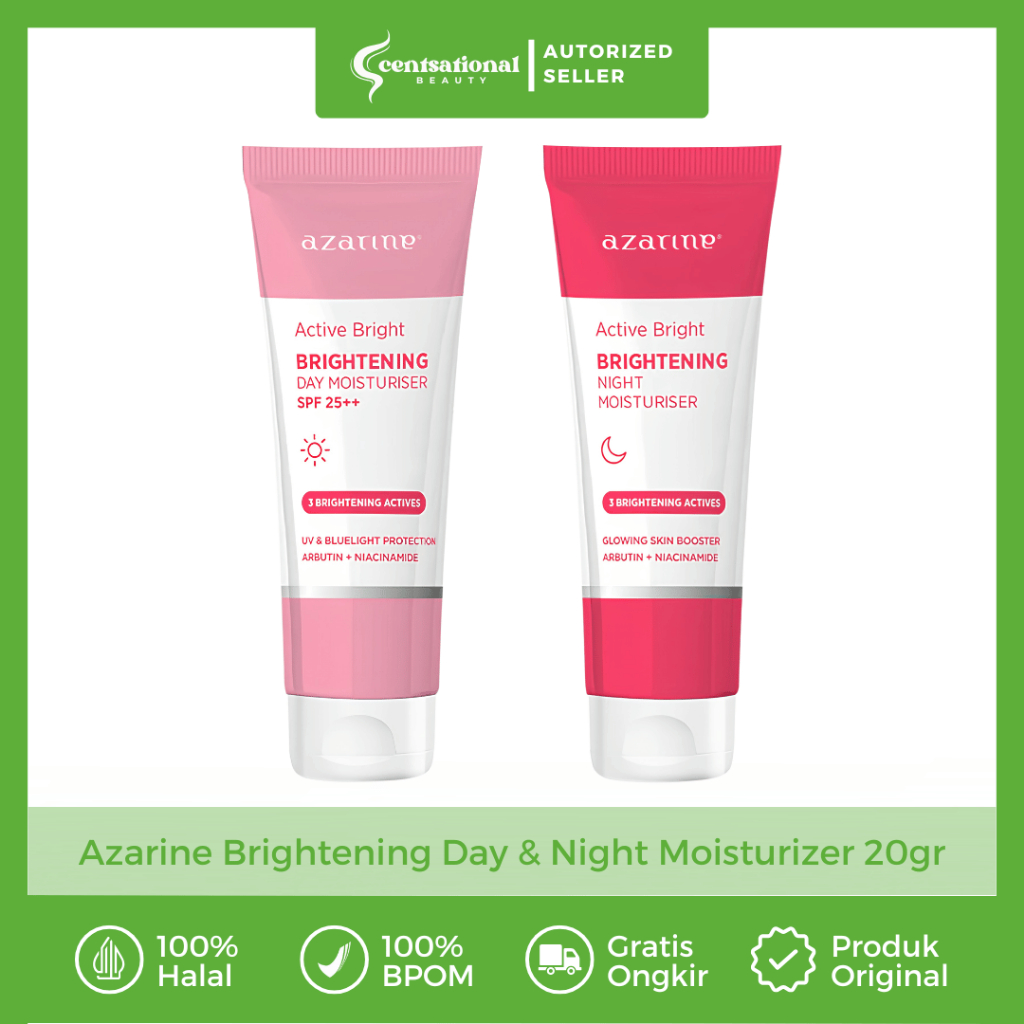Azarine Brightening Day Night Moisturizer Cream 20gr Paket Pelembab Wajah Siang Malam Krim Pencerah 