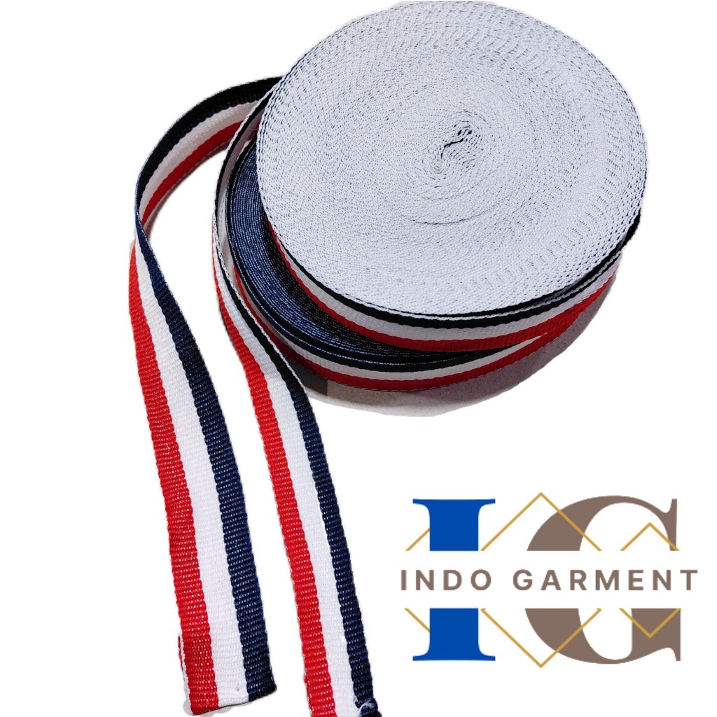 [18 Meter] Webbing Tali Tas 2cm 2,5cm Motif Strip 3 - Tali Webbing Motif Strip Merah Putih Biru Roll