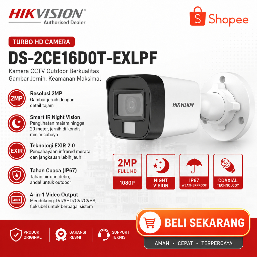 Kamera cctv Hikvision 2MP Outdoor Murah Original DS-2CE16DOT-EXLPF