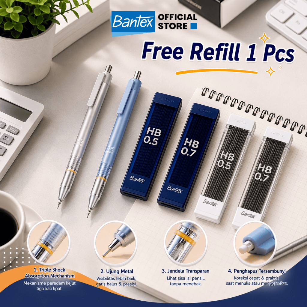 Bantex Pensil Mekanik 0.5mm 0.7mm Anti Patah Triple Shock Absotion Ujung Metal BG150X Free Refill
