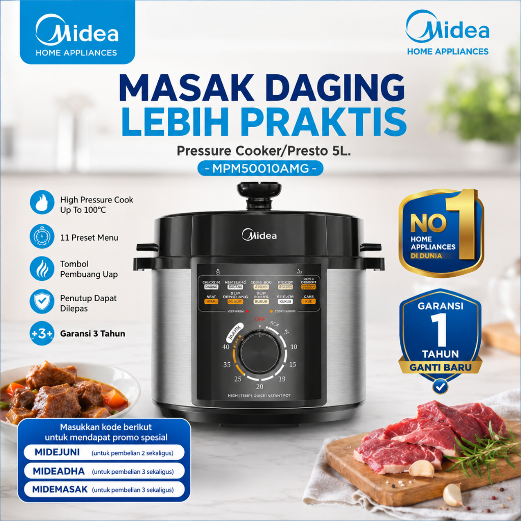[VOUCHER KHUSUS] Midea Presto 5 Cooker Smart Electric Pressure Cooker Alat Memasak Cepat MPM50010AMG