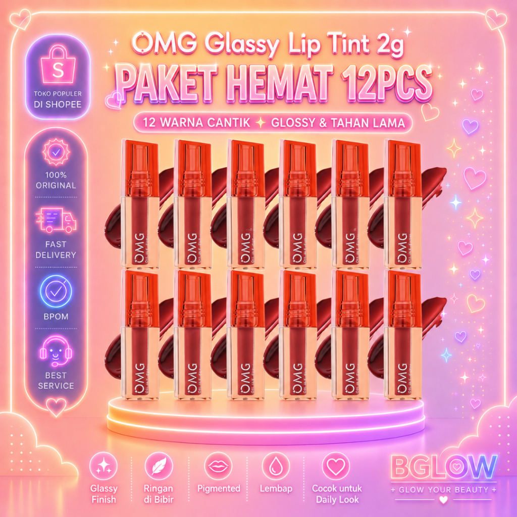 [ISI 12PCS] PAKET OMG Glassy Lip Tint 1LUSIN  Glassy Lip Tint 2g - Lip Tint Warna Intense Tahan 12 J