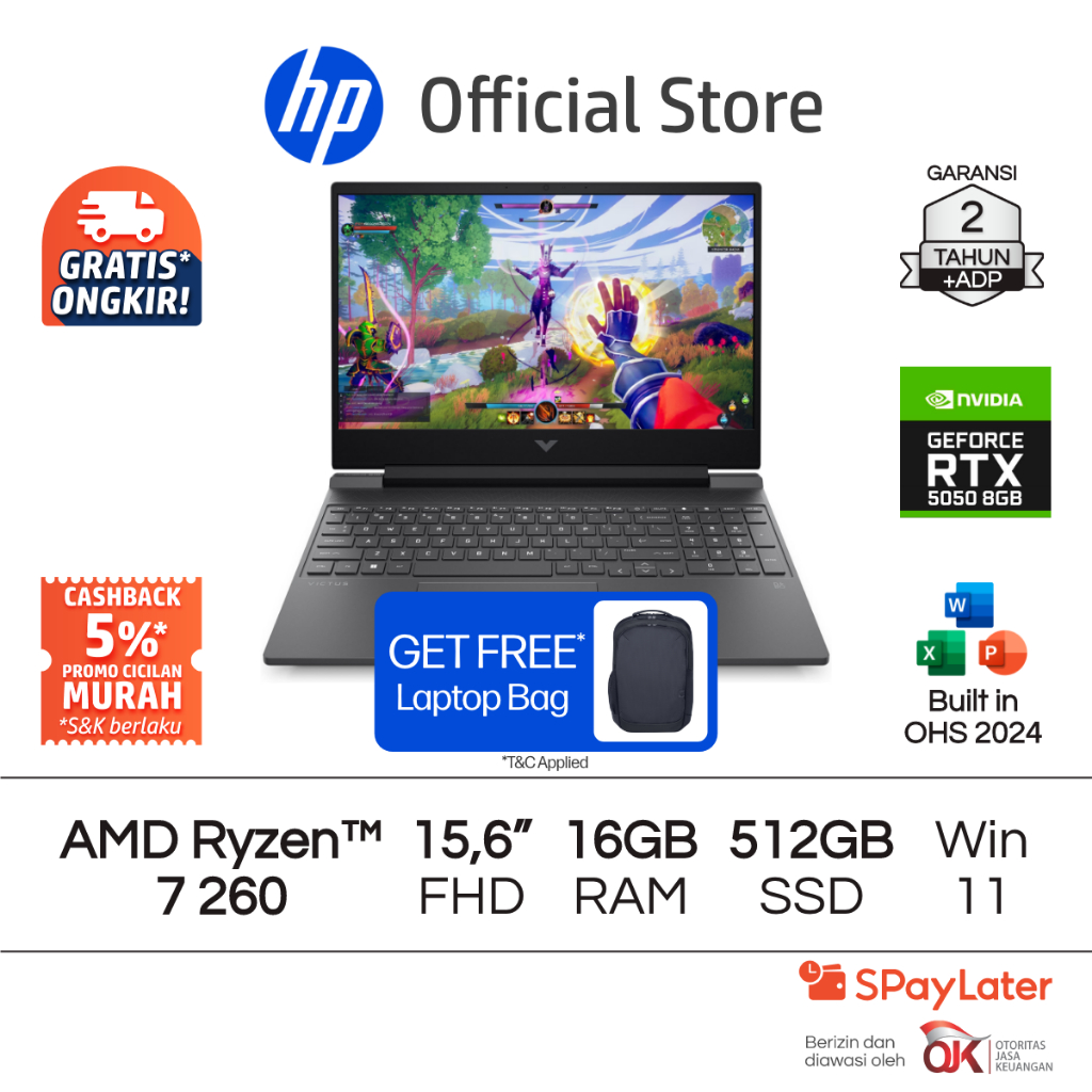 Victus Laptop Gaming HP AMD Ryzen 7 NVIDIA GeForce RTX 5050 16GB RAM 512GB SSD Silver Free Windows 1