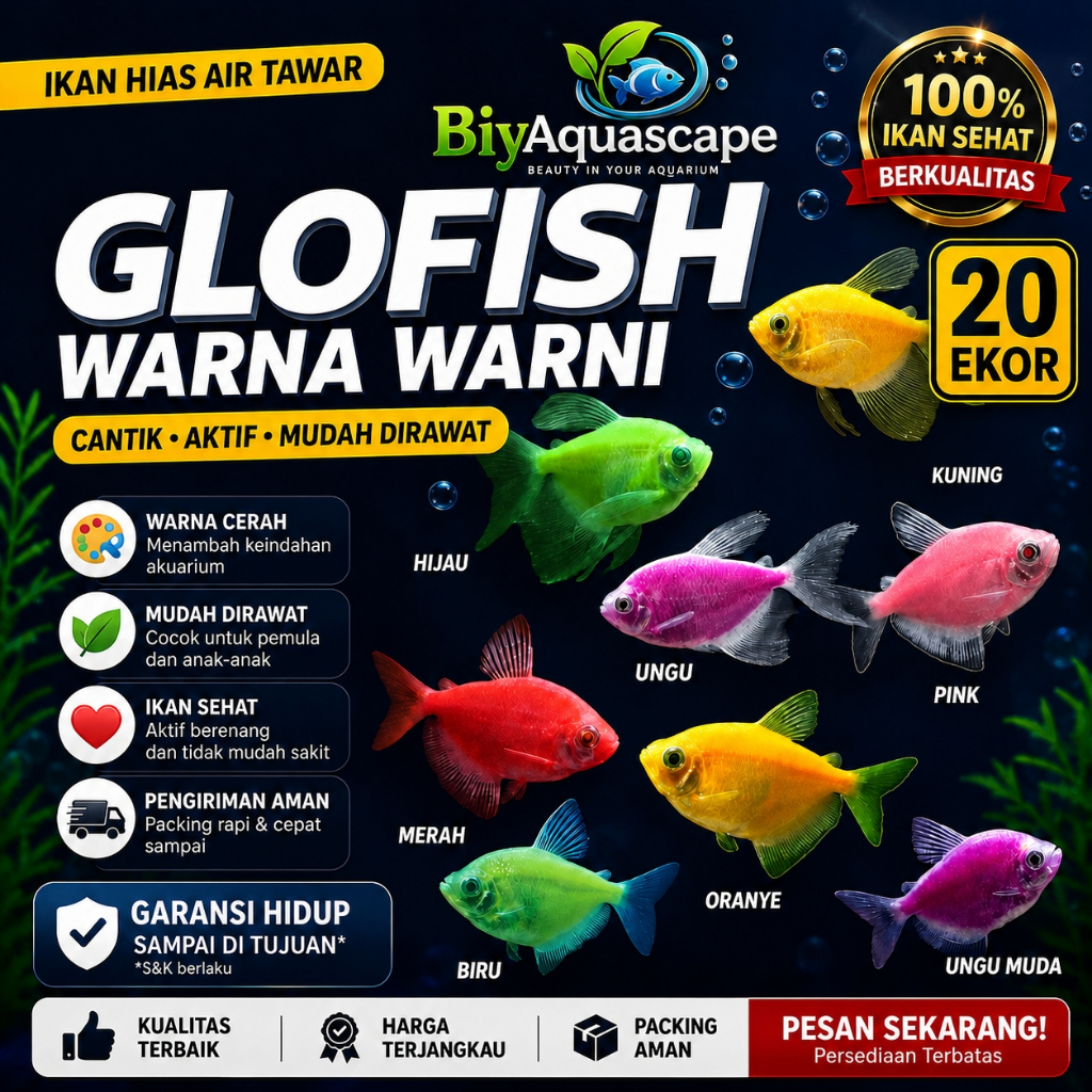 20 EKOR IKAN HIAS GLOFISH TETRA MIX