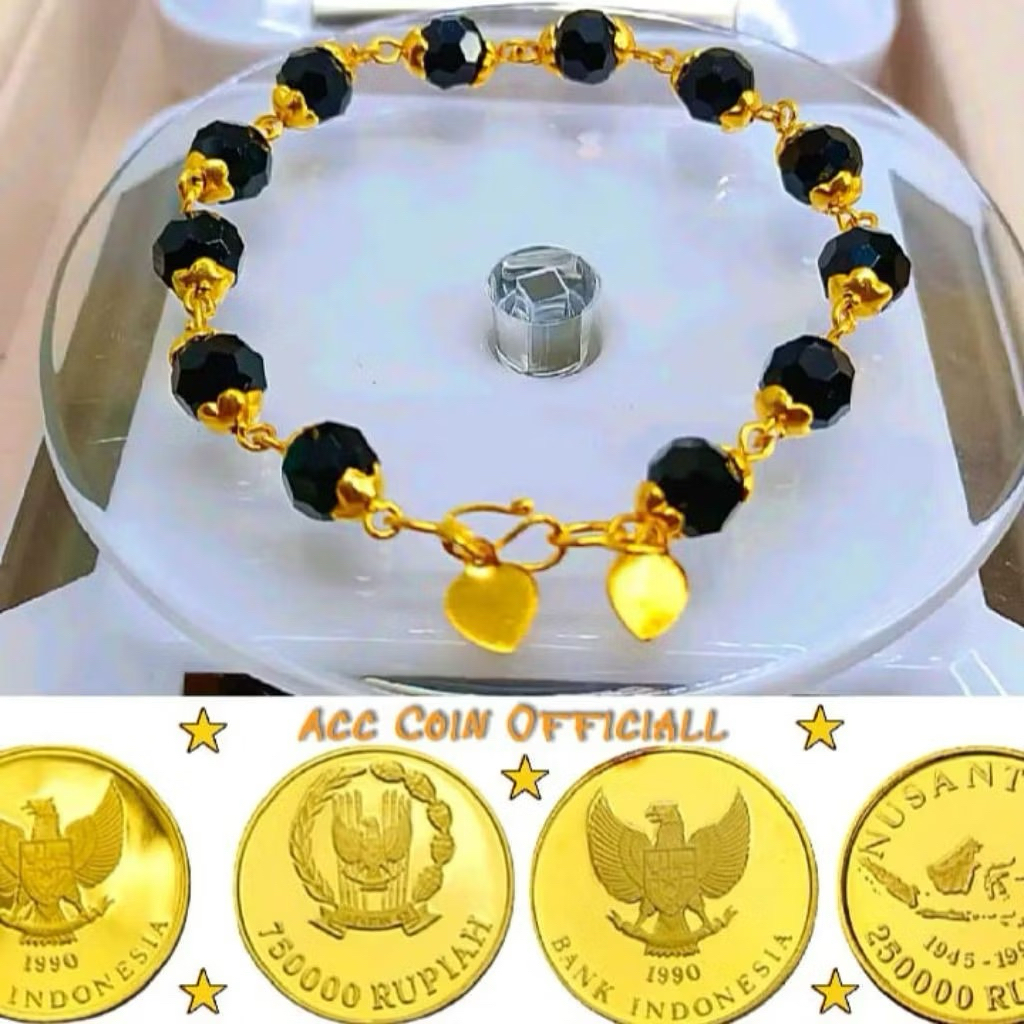 perhiasan wanita gelang tangan koin batu kristal hitam