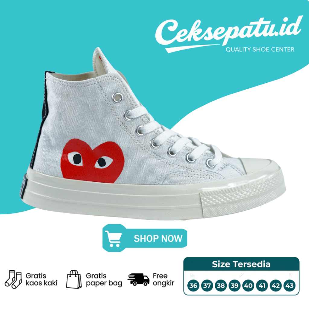 CekSepatu.id - Converse 70s High X Lovers Play All White - Sneakers Kanvas Kasual Pria Wanita 36-43