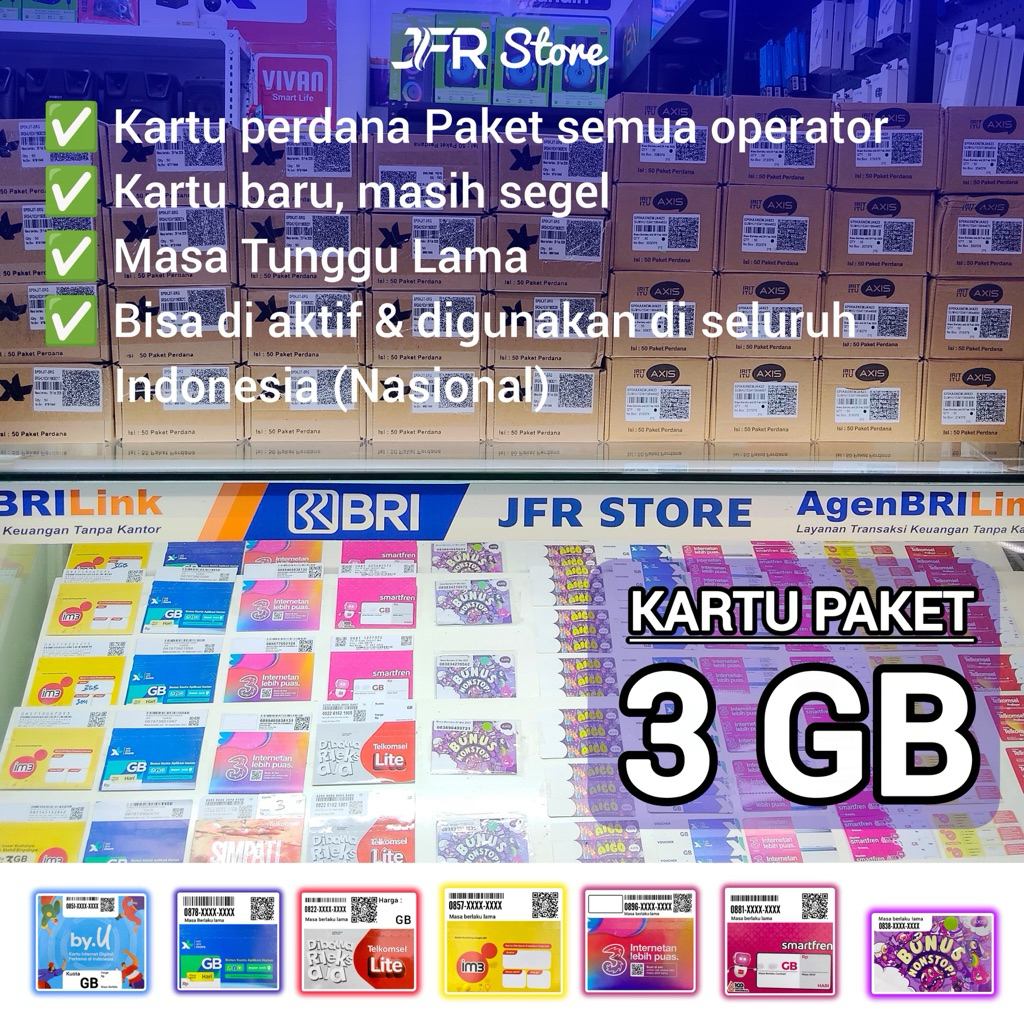 Kartu Perdana Paket Telkomsel Byu Axis XL Im3 Three Smartfren Indosat