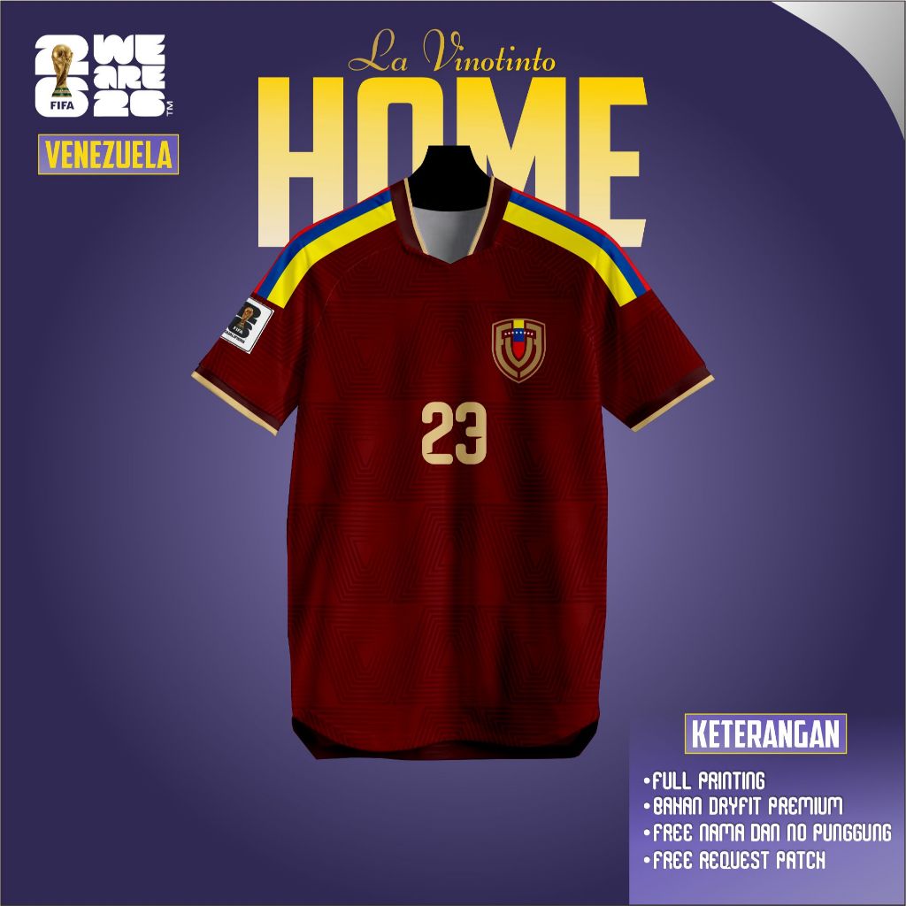 JERSEY VENEZUELA HOME PIALA DUNIA 2026 GRATIS CUSTOM NAMA DAN NOMOR