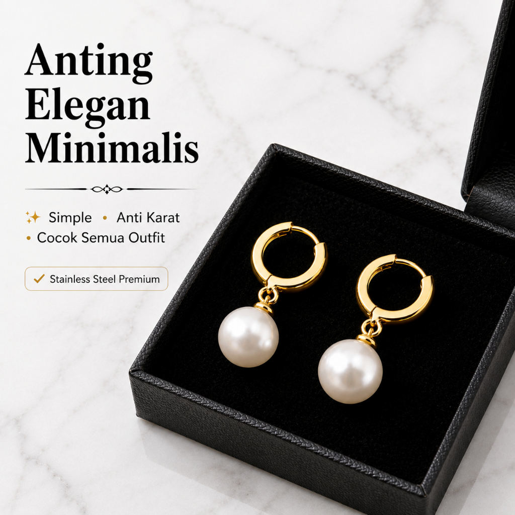 Anting Titanium Wanita Mutiara Anti Karat Anting Gantung Wanita Dewasa Fashion Kekinian