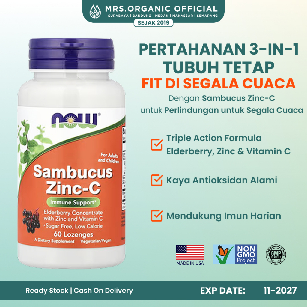 Now Vitamin Sambucus Zinc-C 60Tablet Hisap - Vitamin C + Zinc + Elderberry untuk Booster Imun Harian