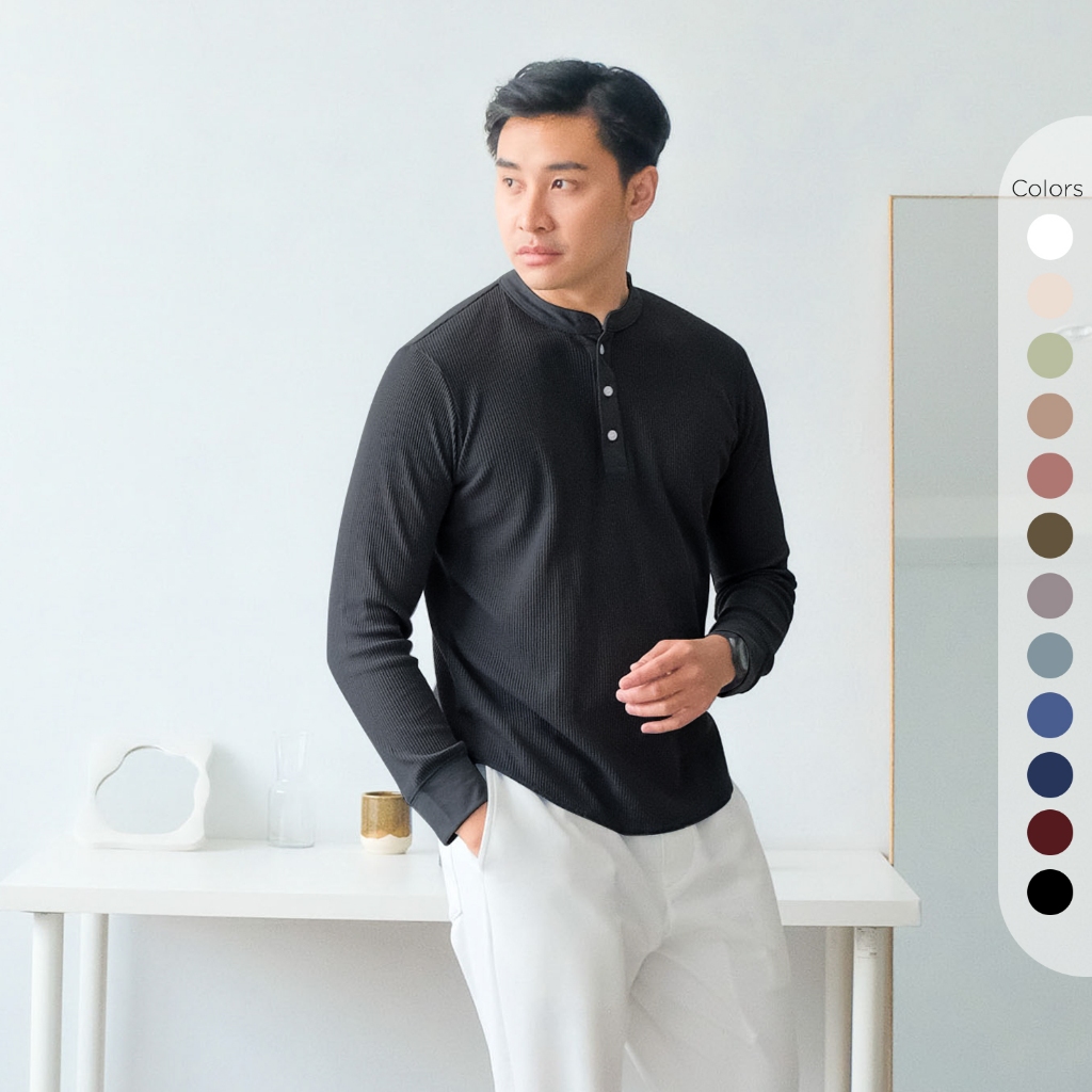 Isla for Men Smith Waffle Henley Neck T-Shirt Long Sleeve - Atasan Pria Lengan Panjang - Baju Pria -