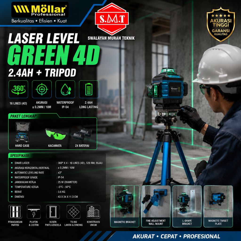 LASER LEVEL GREEN 4D 16 LINES MOLLAR 4D-LEMS LASER LEVEL METER IP54 + TRIPOD