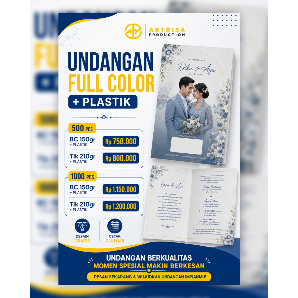 Undangan Pernikahan Murah Full Color Foto Custom A4 Lipat 2 500pcs 1000pcs + Plastik