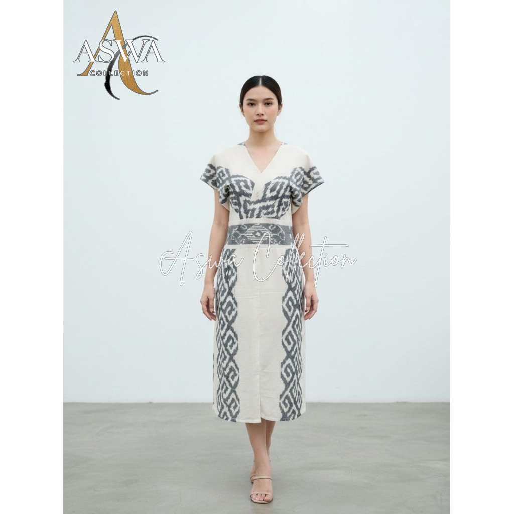 ASWA COLLECTION - Arunika Dress Tenun Etnik - Dress Tenun Wanita Elegan - Dress Tenun Paruki Putih