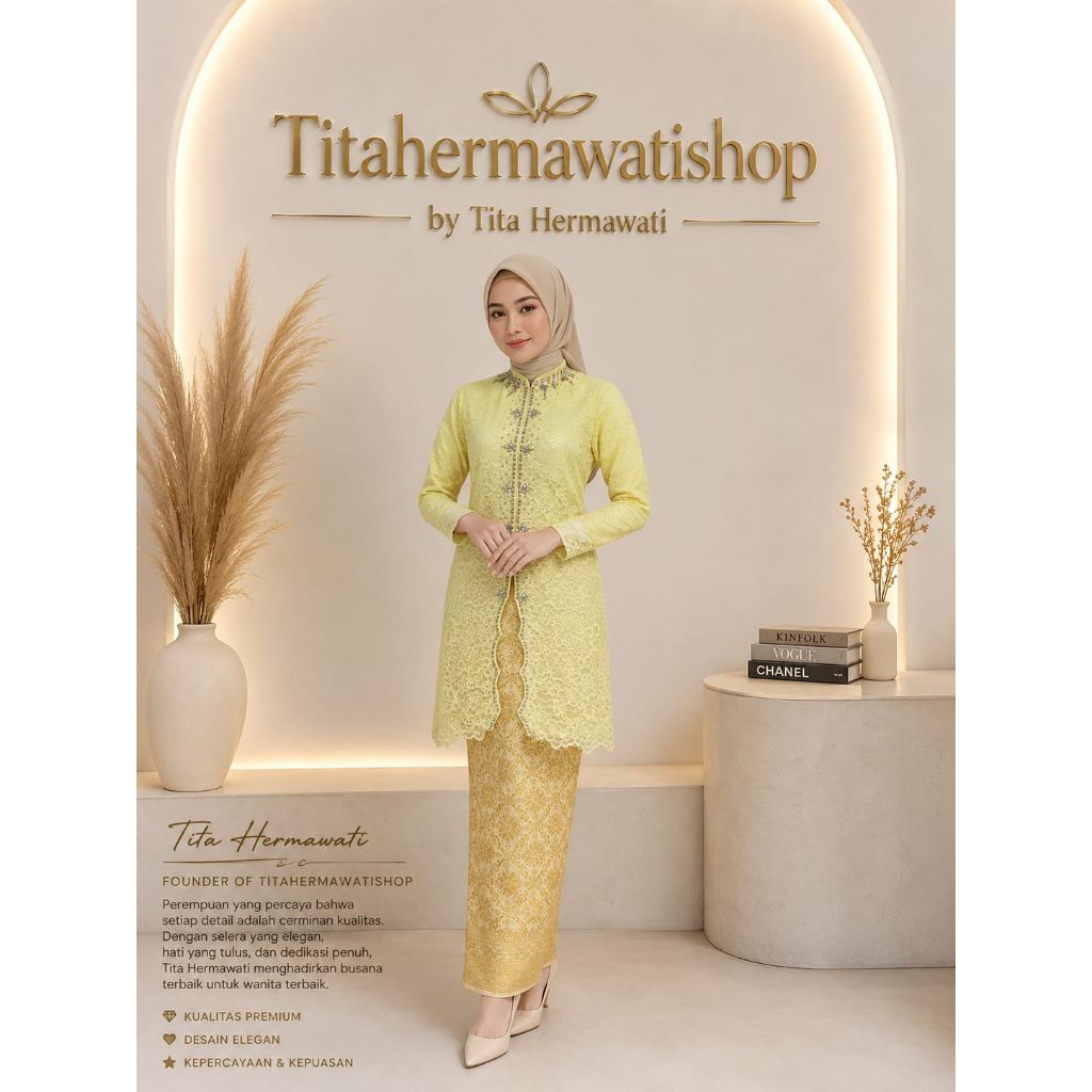 [Titahermawashop] Stelan kebaya tunik brokat pilihan model zigzag full Payet mutiara dengan bawahan 