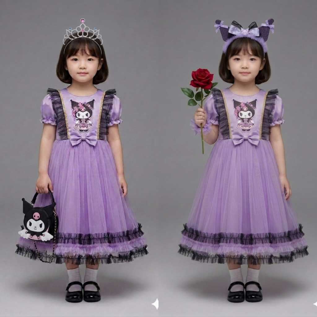 ( GRATIS BANDO & ACSESORIES KUROMI ) Dress ultah kuromi anak perempuan usia 3-10 tahun - dress anak 