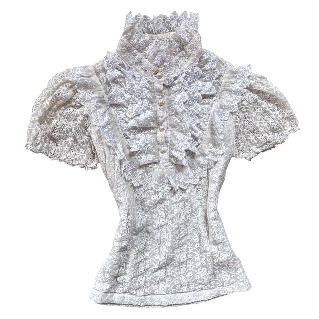 Ruffle Floral Laced Mock Neck Buttoned Up Milkmaid Puffy Top | dollette babydoll full bordir renda b