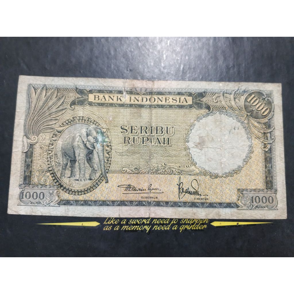 UANG KUNO 1000 RUPIAH SERI HEWAN GAJAH TAHUN 1957 LANGKA