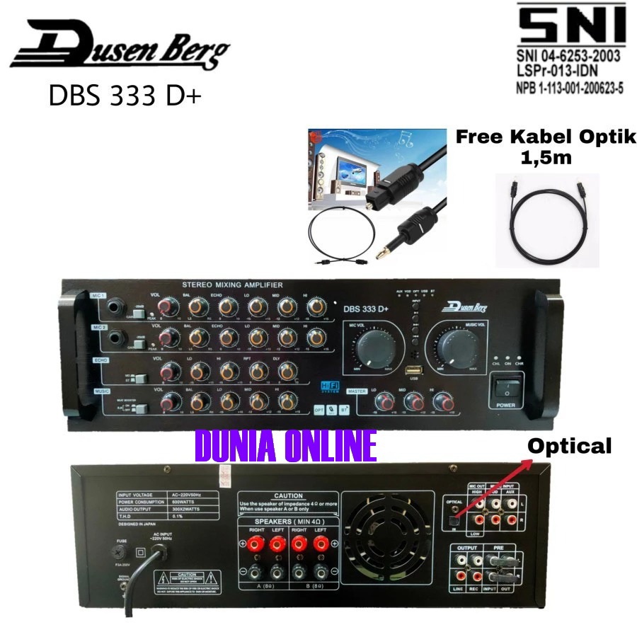 AMPLIFIER DUSENBERG DBS 333 D+ DBS 333D+ INPUT OPTICAL BISA KONEK KE SMART TV YOUTUBE LANGSUNG OPTIC