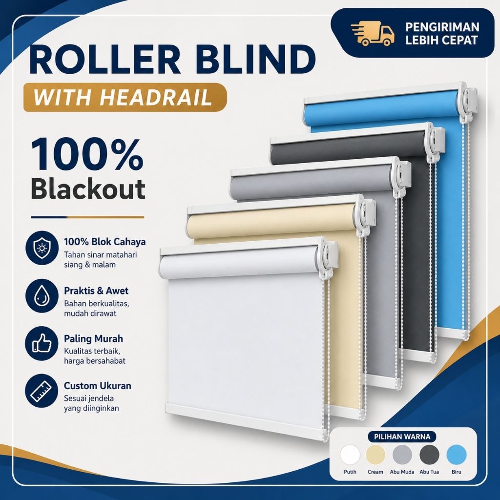 Roller Blind Blackout 100% Headrail Tirai Jendela --Tirai Gulung Jendela Custom