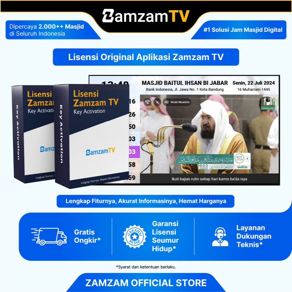 Lisensi Zamzam TV - TV Azan Masjid - Jam Masjid Pengingat Waktu Salat