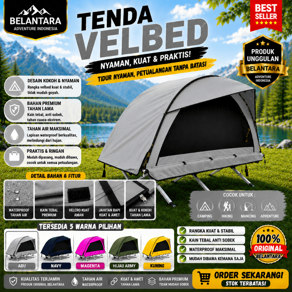 Belantara Tenda Velbed Abu Grey Single Tent Solo Camping Offroader Traveling Siap Pakai