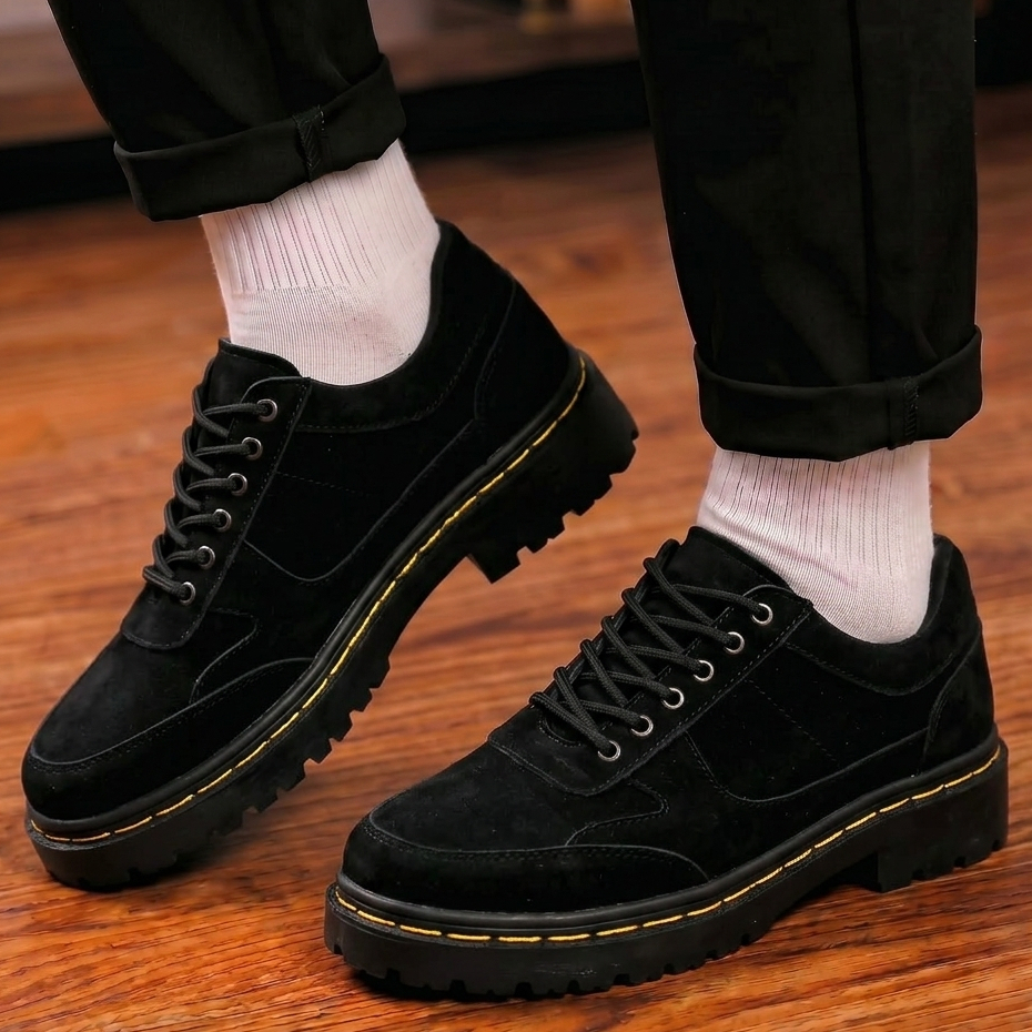 DEMOUS - Sepatu Casual Suede Hitam Hak Tinggi Pria