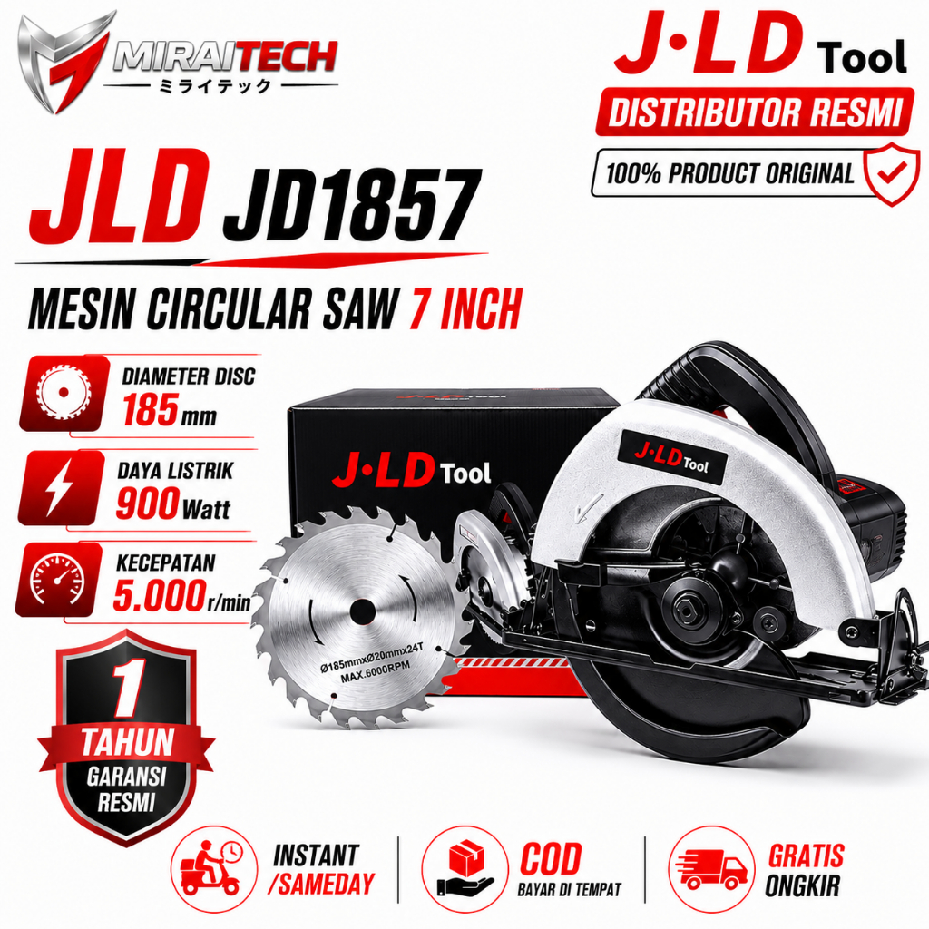 JLD 1857 Mesin Circular Saw Listrik 7 Inch 900Watt 5000rpm | 1 Tahun Garansi Resmi JLD