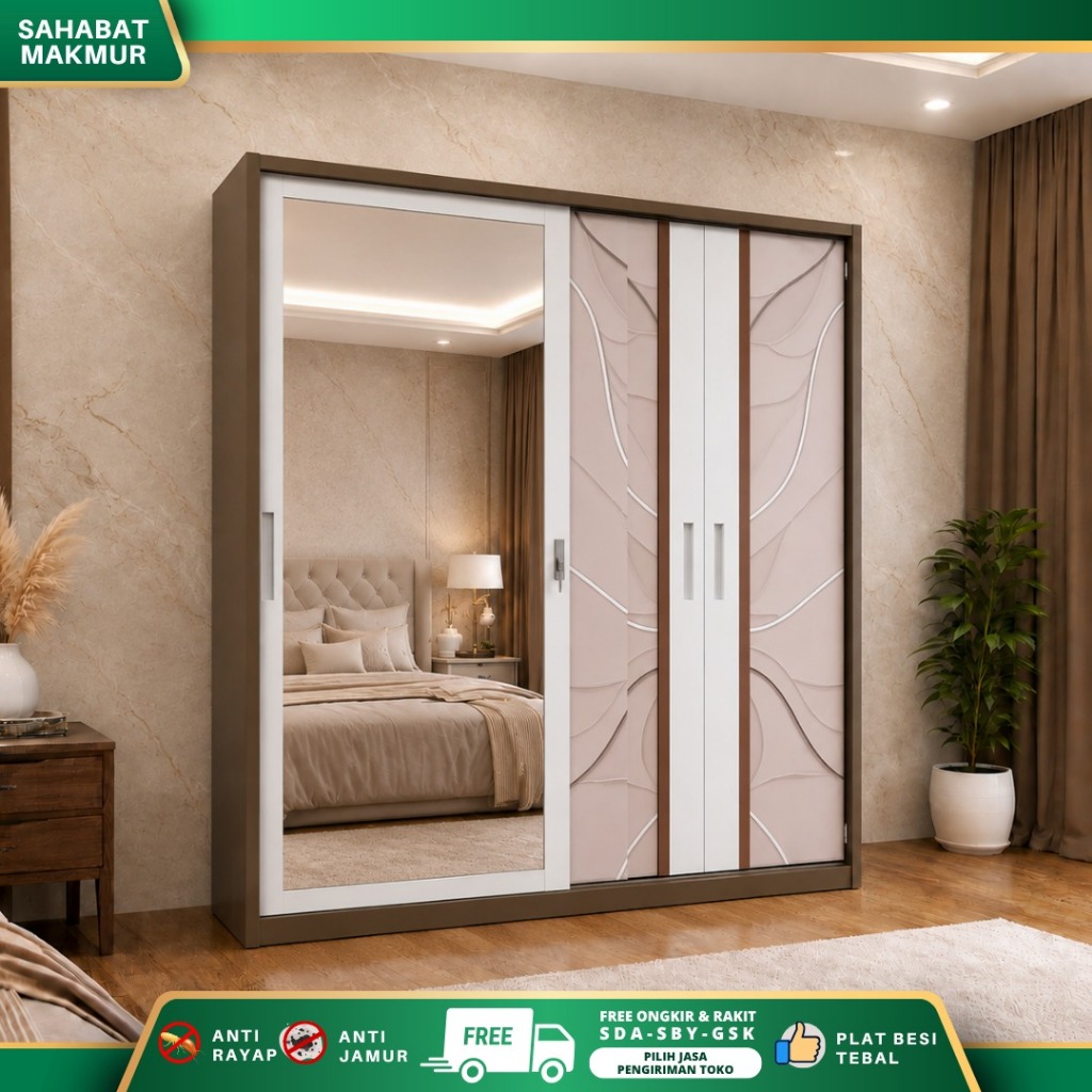Lemari Pakaian Besi 3 Pintu Sliding Swing Jumbo Asencio EW-70-01 Anti Rayap dan Jamur, Tahan air