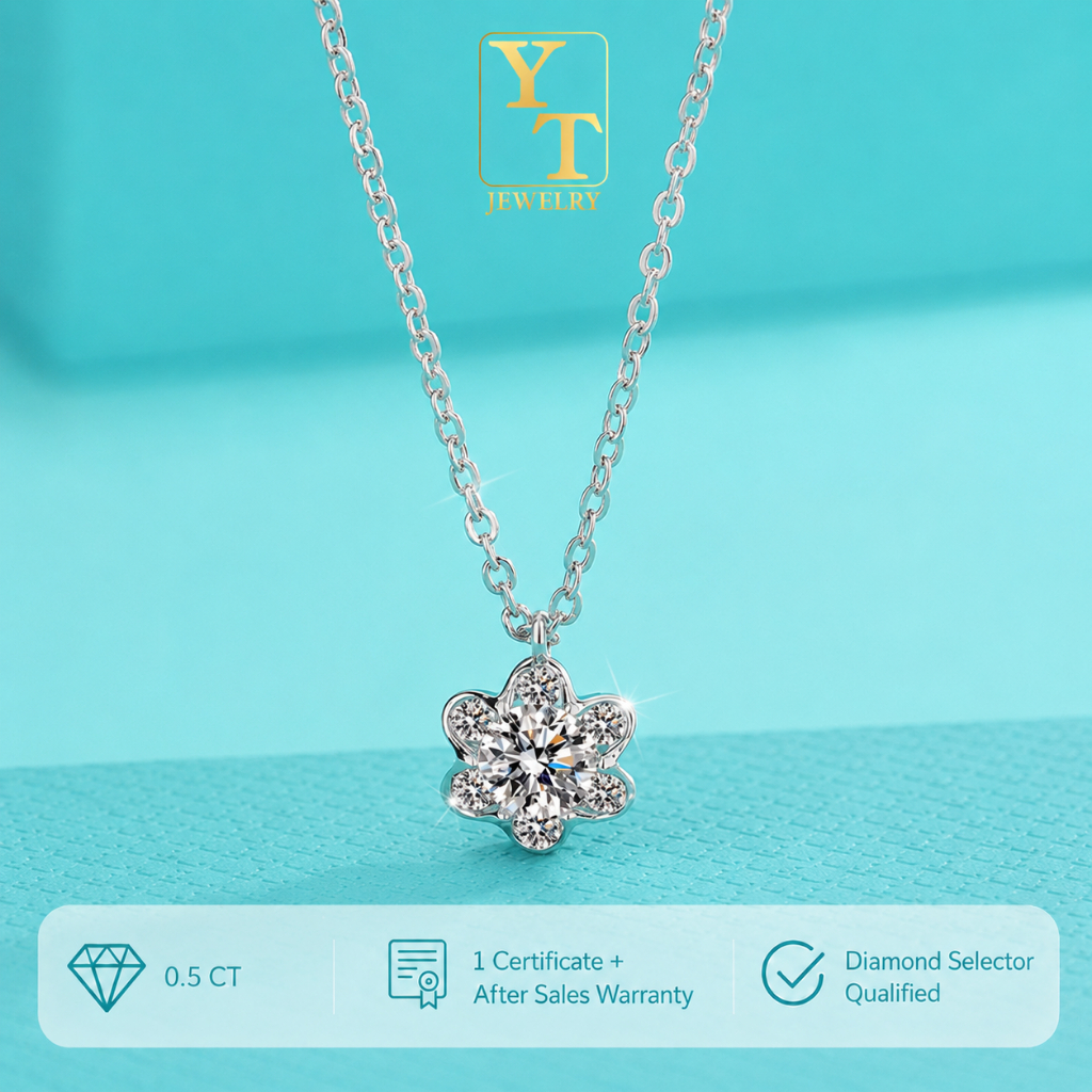 YT JEWELRY - Kalung Berlian Moissanite - Poppy Flower Moissanite Necklace - GRA Certificated
